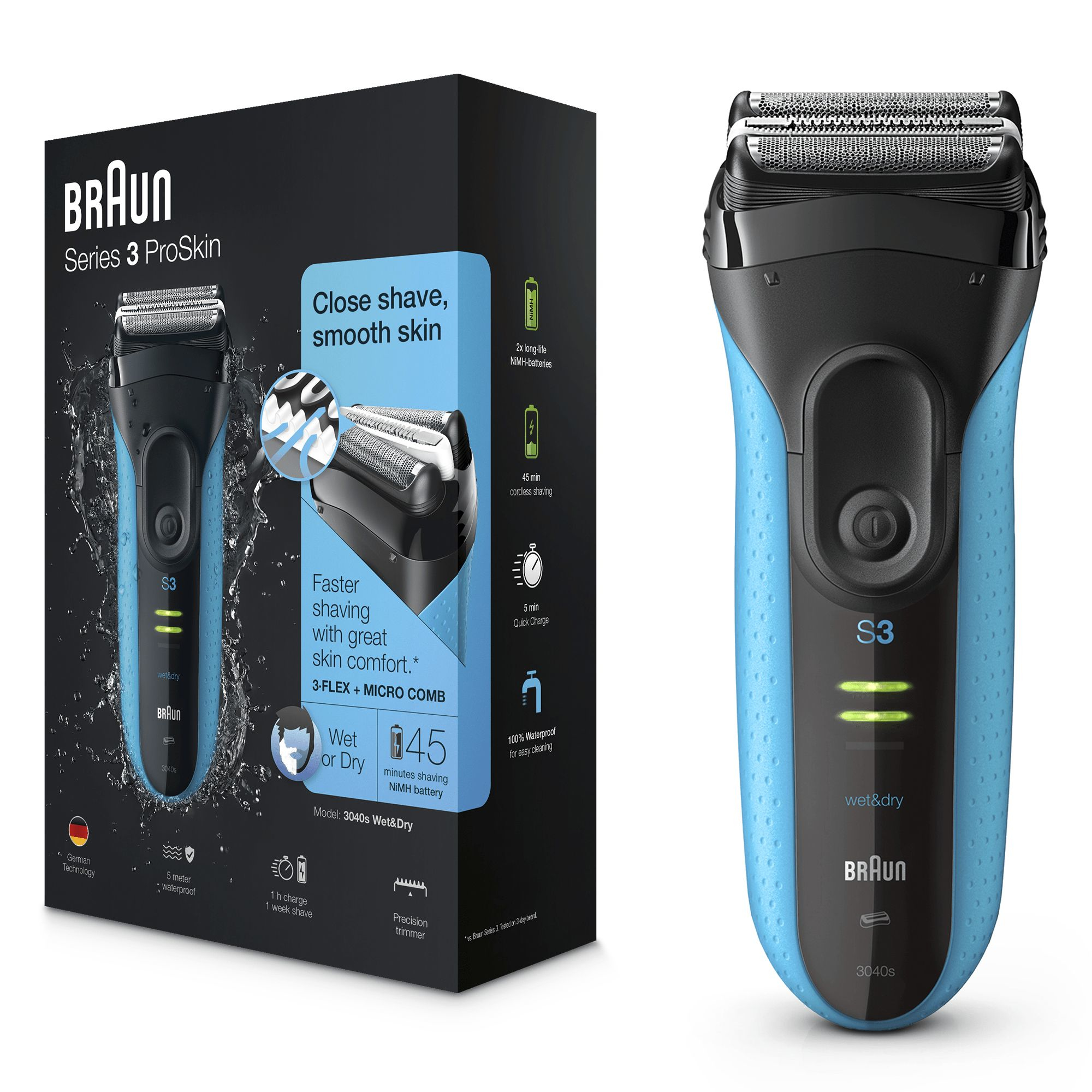 Braun Series 3 3040s Folie shaver Trimmer Sort, Blå Braun Series 3 3040s Folie shaver Trimmer Sort, Blå