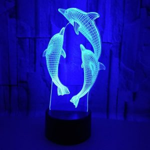 Delfin 3D lampe. 3 flotte delfiner. Farveskift mellem 7 farver.