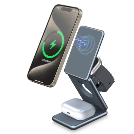3-i-1 Foldbar Magsafe Trådløs Opladestander. 15W Oplader.