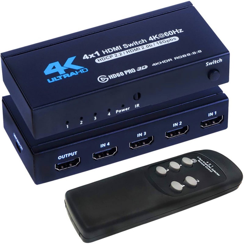 HDMI Switch 4 i 1 med Fjernbetjening og 4K. 4x HDMI ind - 1x HDMI ud.