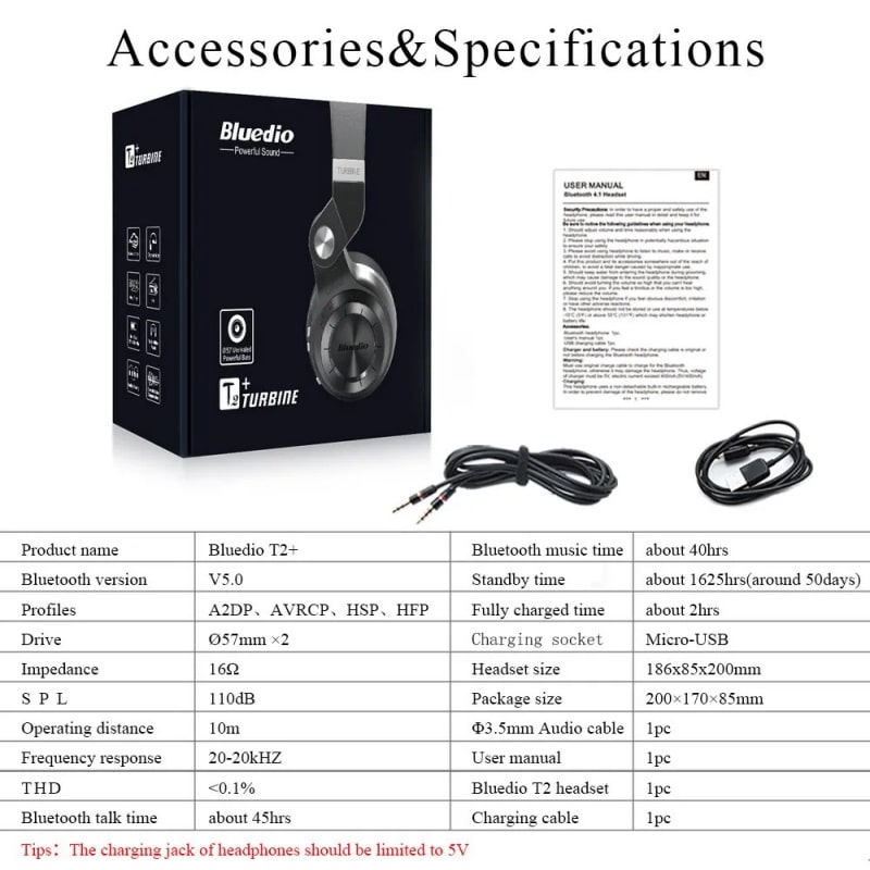 Bluedio T2+ Trådløse Hovedtelefoner med 40 timers Batteritid. Hvid Bluedio T2+ Trådløse Hovedtelefoner med 40 timers Batteritid. Hvid - Image 9