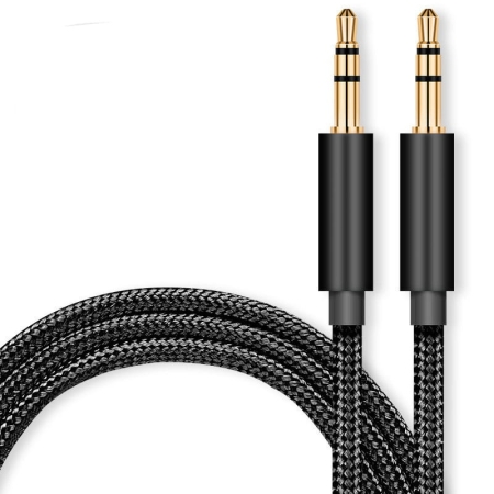 Stereo Aux 3,5 mm Minijack kabel – Han til Han. Flettet. Sort