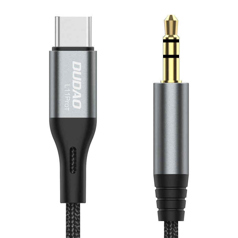 Dudao L11PROT Lydkabel  –  Flettet USB-C til 3.5mm Jack, 1 Meter, Grå