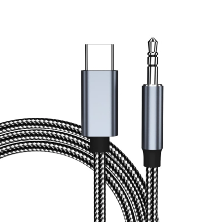 USB-C til 3.5 mm Minijack Audiokabel. Kvalitets Kevlar-flettet kabel. Grå