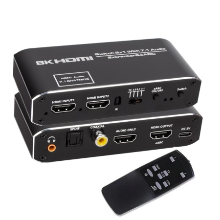 HDMI 2.1 Switch med lydudtræk (Audio Extractor) – ARC/eARC – 8K/30Hz & 4K/120Hz – Optisk & Coaxial lydudgang HDMI 2.1 Switch m lydudtræk– 8K/4K,ARC/eARC, optisk/coaxial