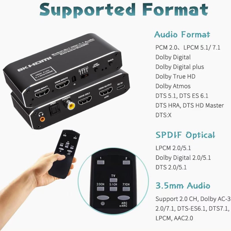 HDMI 2.1 Switch med lydudtræk (Audio Extractor) – ARC/eARC – 8K/30Hz & 4K/120Hz – Optisk & Coaxial lydudgang HDMI 2.1 Switch med lydudtræk (Audio Extractor) – ARC/eARC – 8K/30Hz & 4K/120Hz – Optisk & Coaxial lydudgang - Image 5