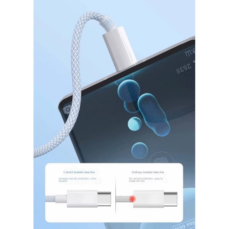 Flettet USB-C til USB-C kabel. Han-Han. 1m. Pastel Blå. Flettet USB-C til USB-C kabel. Han-Han. 1m. Pastel Blå. - Image 5