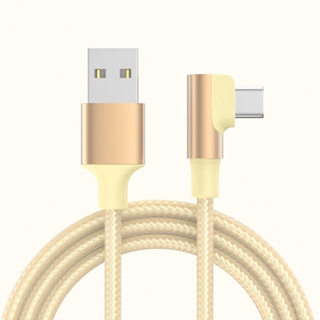 USB-C til USB-A Kabel – Flettet, USB-C Stik Vinklet 90° Gold