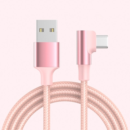Flettet USB-C til USB-A Kabel 1m – Vinklet 90° (Lyserød)