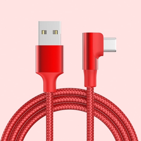 Rødt flettet USB-C til USB-A kabel – USB-C stik vinklet 90°
