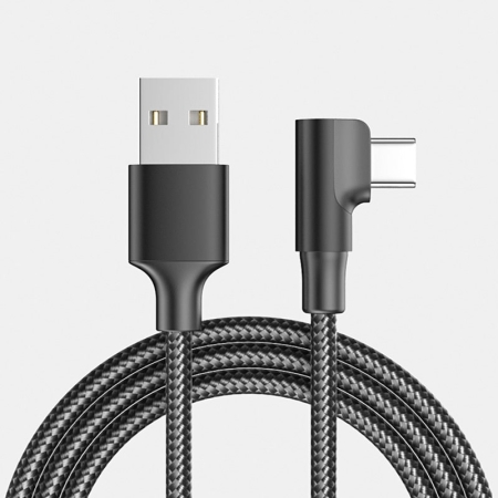 USB-C til USB-A Kabel – Flettet kabel med Vinklet Stik 90° Sort