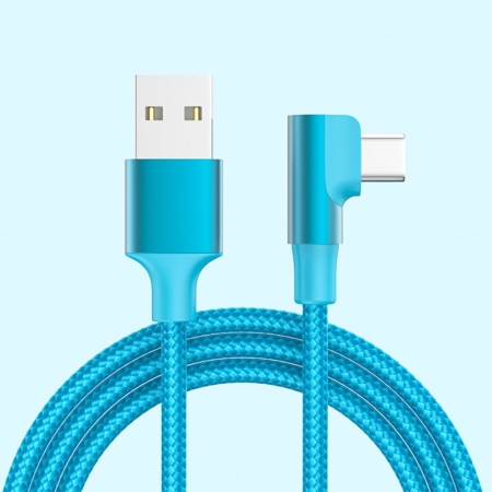 USB-C til USB-A Kabel –Flettet Nylon, USB-C Stik Vinklet 90° Turkisblå