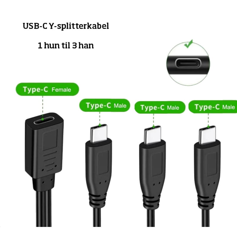 USB-C 3-i-1 Splitter Kabel – Oplad 3 Enheder Samtidig USB-C 3-i-1 Splitter Kabel – Oplad 3 Enheder Samtidig - Billede 5