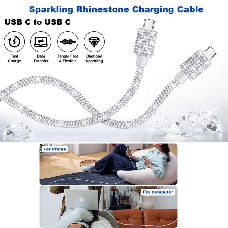 USB-C til USB-C Opladerkabel 60W – Diamantdesign Rainbow Shine – Hurtig Opladning 1M USB-C til USB-C Opladerkabel 60W – Diamantdesign Rainbow Shine – Hurtig Opladning 1M - Image 3