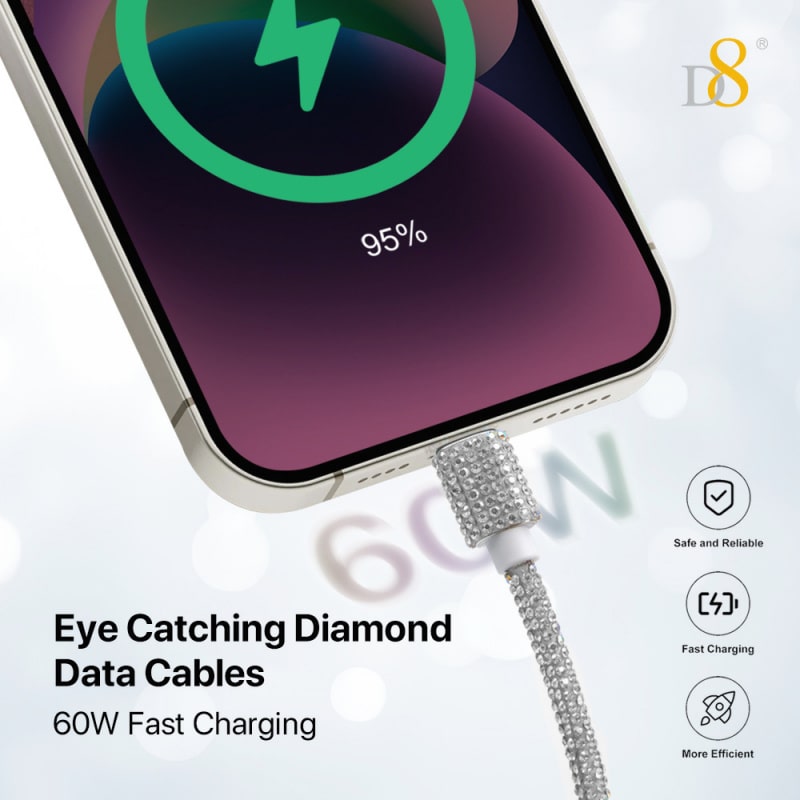 USB-C til USB-C Opladerkabel 60W – Diamantdesign Silver – Hurtig Opladning 1M USB-C til USB-C Opladerkabel 60W – Diamantdesign Silver – Hurtig Opladning 1M - Image 10