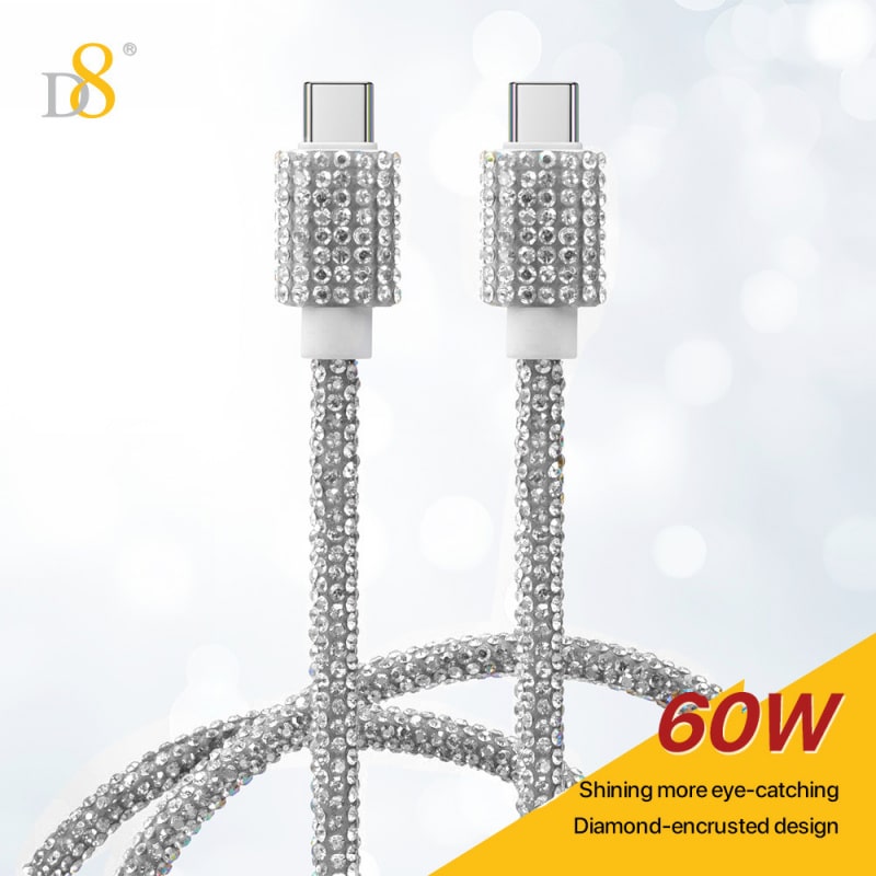 USB-C til USB-C Opladerkabel 60W – Diamantdesign Silver – Hurtig Opladning 1M USB-C til USB-C Opladerkabel 60W – Diamantdesign Silver – Hurtig Opladning 1M - Image 11