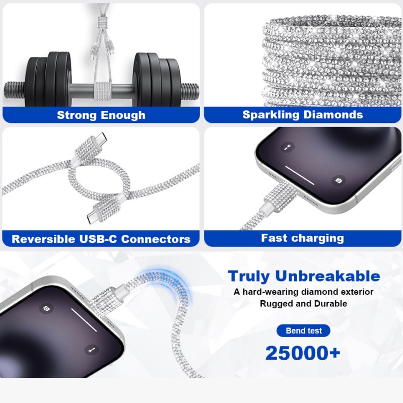 USB-C til USB-C Opladerkabel 60W – Diamantdesign Silver – Hurtig Opladning 1M USB-C til USB-C Opladerkabel 60W – Diamantdesign Silver – Hurtig Opladning 1M - Image 2