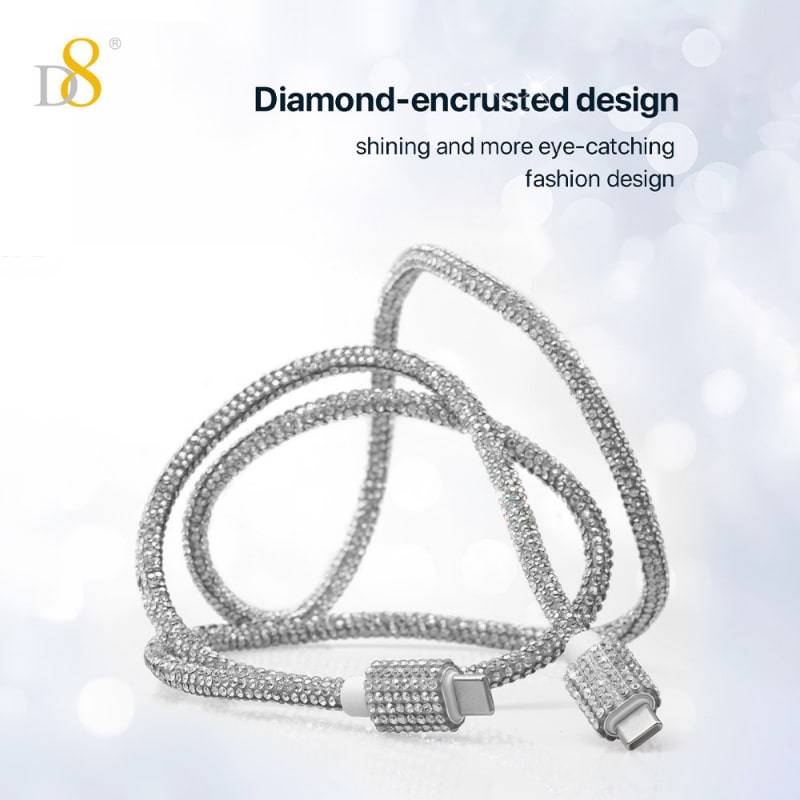 USB-C til USB-C Opladerkabel 60W – Diamantdesign Silver – Hurtig Opladning 1M USB-C til USB-C Opladerkabel 60W – Diamantdesign Silver – Hurtig Opladning 1M - Image 6