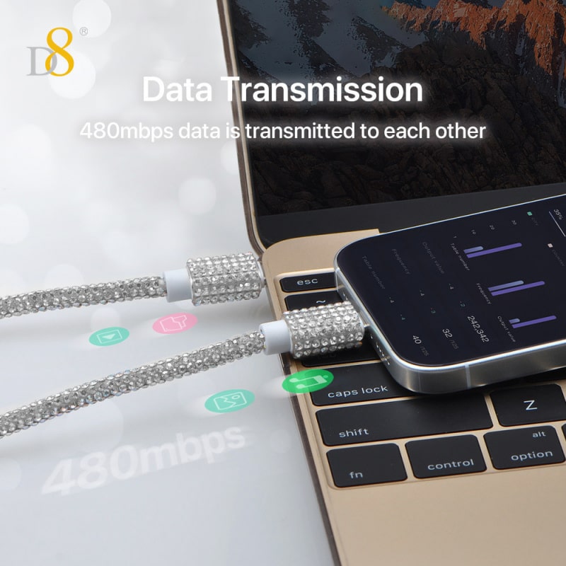 USB-C til USB-C Opladerkabel 60W – Diamantdesign Silver – Hurtig Opladning 1M USB-C til USB-C Opladerkabel 60W – Diamantdesign Silver – Hurtig Opladning 1M - Image 9