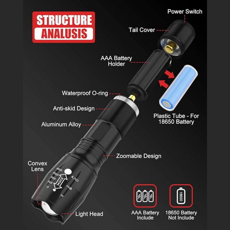Ultraklar T6 teleskopisk alu-lommelygte. Lommelygte med Genopladeligt Batteri. 3,7V, 1200mAh Ultraklar T6 teleskopisk alu-lommelygte. Lommelygte med Genopladeligt Batteri. 3,7V, 1200mAh - Image 8