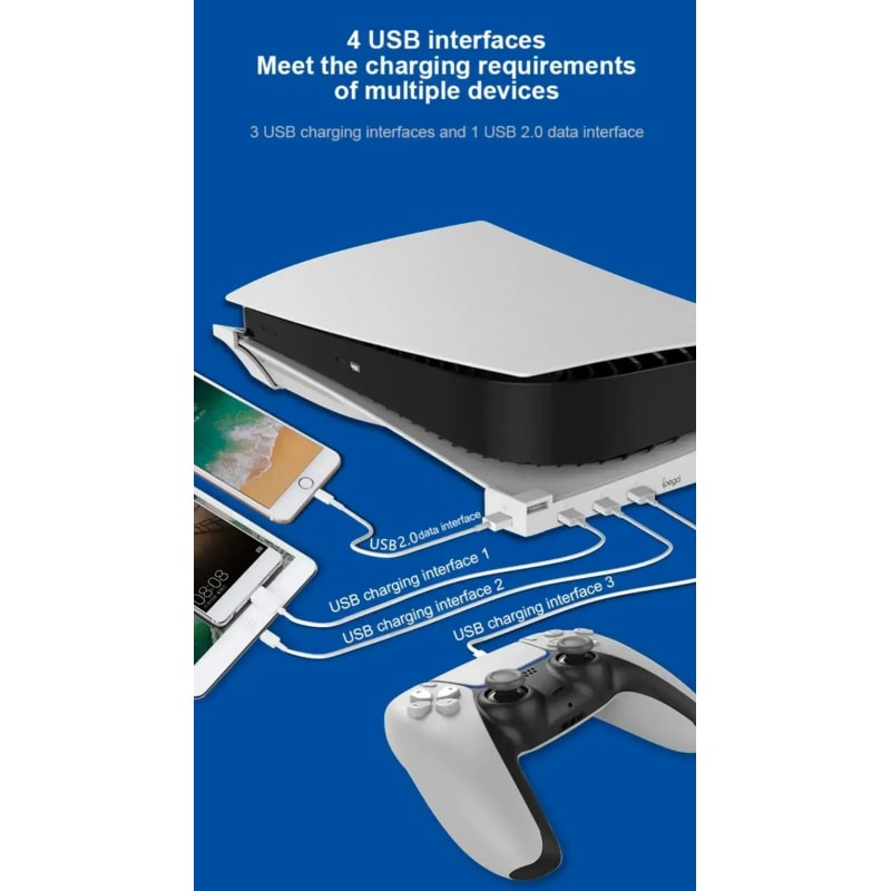 USB Hub og Horisontal stander Til PS5. Udvid til 4x USB porte. iPega. Sort USB Hub og Horisontal stander Til PS5. Udvid til 4x USB porte. iPega. Sort - Billede 6