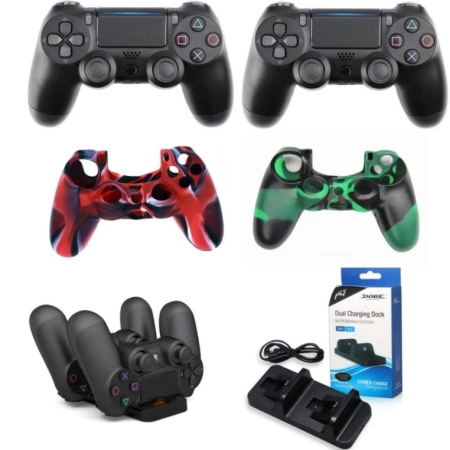 PlayStation 4 Controller Pakke med 2x sorte PS4 Controllere, 2x PS4 controller silikone covers og 1x PS4 Controller dual charger. Mobil, PC og tablet tilbehør