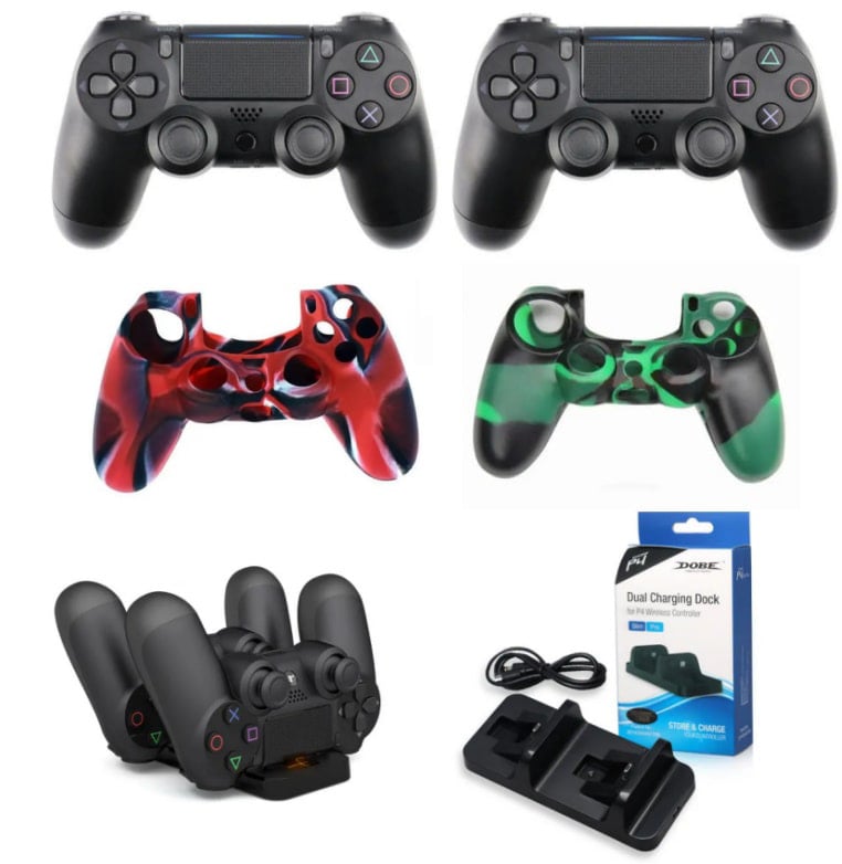 PlayStation 4 Controller Pakke med 2x sorte PS4 Controllere, 2x PS4 controller silikone covers og 1x PS4 Controller dual charger.