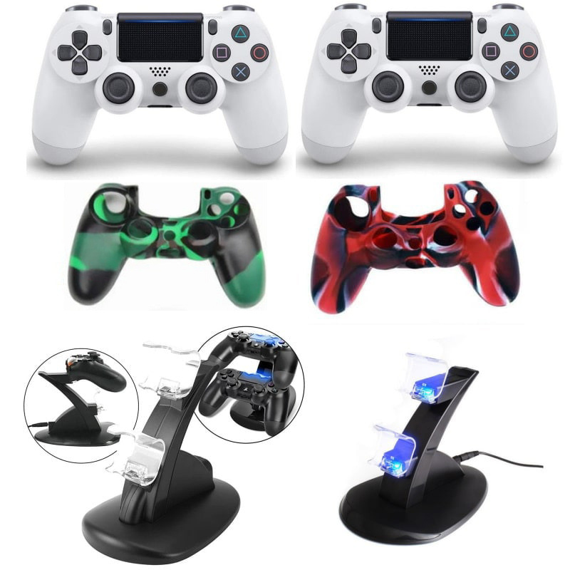 PlayStation 4 Controller Bundle. 2x PS4 Controllere, 2x PS4 controller silikone covers og 1x PS4 Controller dual charger.