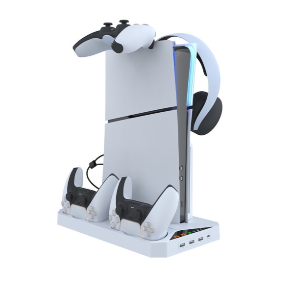 Smart PS5 Slim Cooling Stand med 2x PS5 controller oplader. Hvid