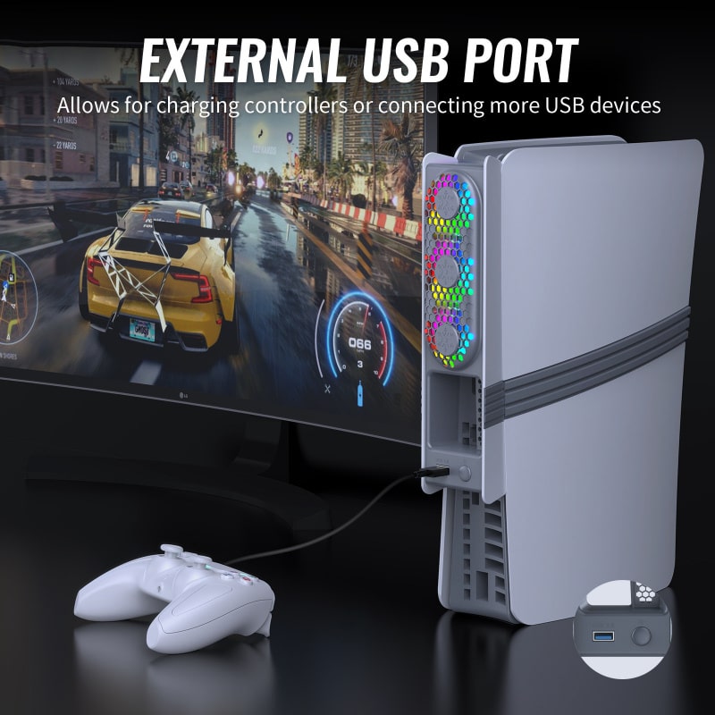 JYS USB-køler til PS5 Pro & PS5 Slim med RGB-lys. Retro Grå JYS USB-køler til PS5 Pro & PS5 Slim med RGB-lys. Retro Grå - Image 6