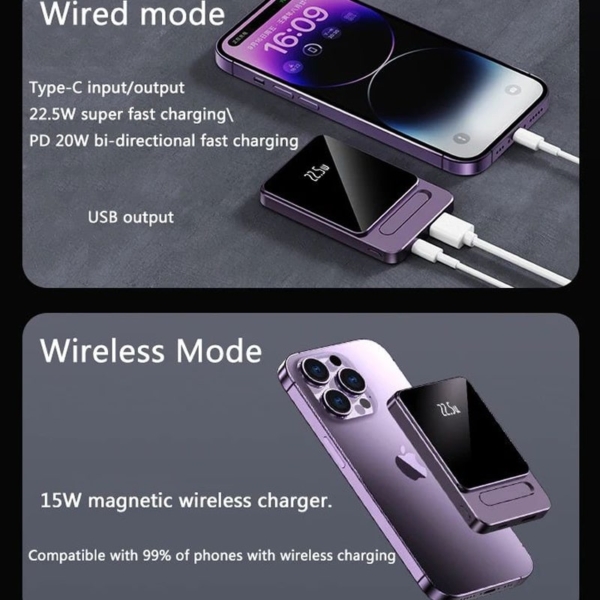 2-i-1 Magnetisk Powerbank. Trådløs & Superhurtig Powerbank. 10.000mAh, 15W/22.5W. Sort - Image 7