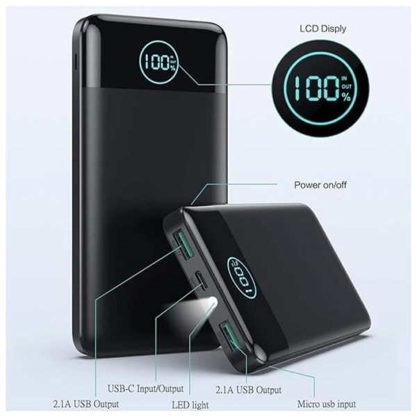 AONIMI HX100K4 Powerbank med 2x USB-A og 1x USB-C. 13800 mAh. Sort - Image 2