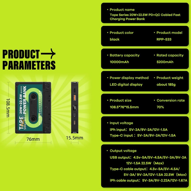 Remax RPP-533 retro kassettebånds Powerbank med USB-C samt lightning kabel. 10000mAh. Remax RPP-533 retro kassettebånds Powerbank med USB-C samt lightning kabel. 10000mAh. - Image 11