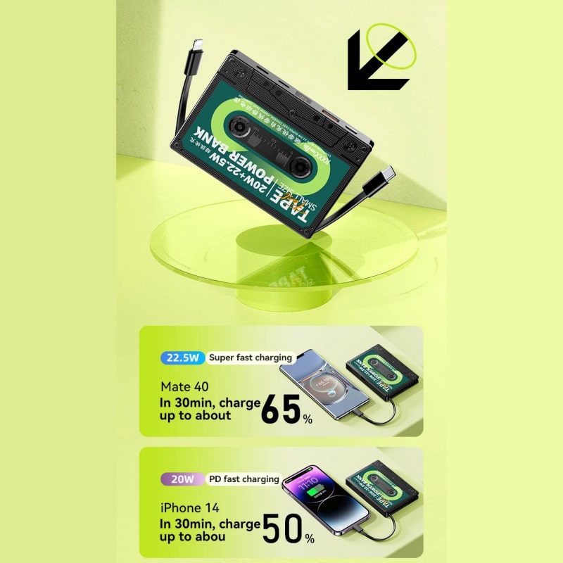 Remax RPP-533 retro kassettebånds Powerbank med USB-C samt lightning kabel. 10000mAh. Remax RPP-533 retro kassettebånds Powerbank med USB-C samt lightning kabel. 10000mAh. - Image 8