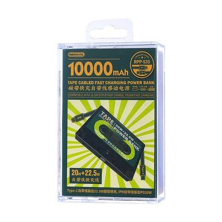 Remax RPP-533 retro kassettebånds Powerbank med USB-C samt lightning kabel. 10000mAh. Remax RPP-533 retro kassettebånds Powerbank. 10000mAh.