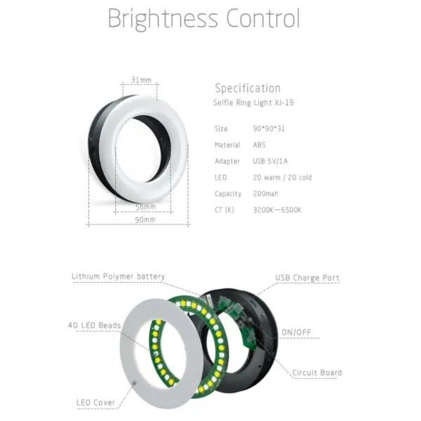 Selfie LED lys ring med 3 lysindstillinger, 40stk LED samt indbygget batteri. Hvid. - Image 14