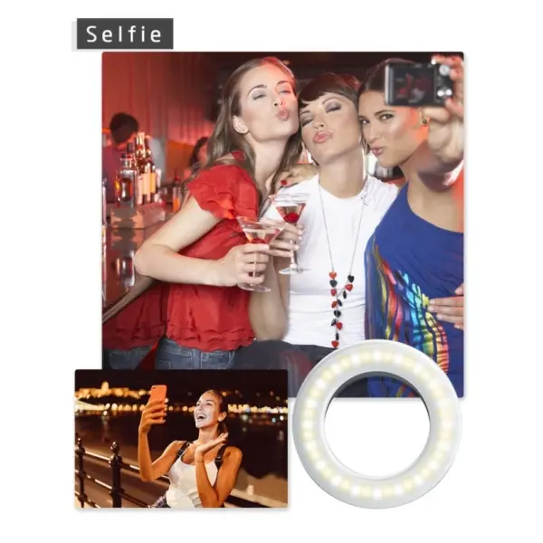 Selfie LED lys ring med 3 lysindstillinger, 40stk LED samt indbygget batteri. Hvid. - Image 11