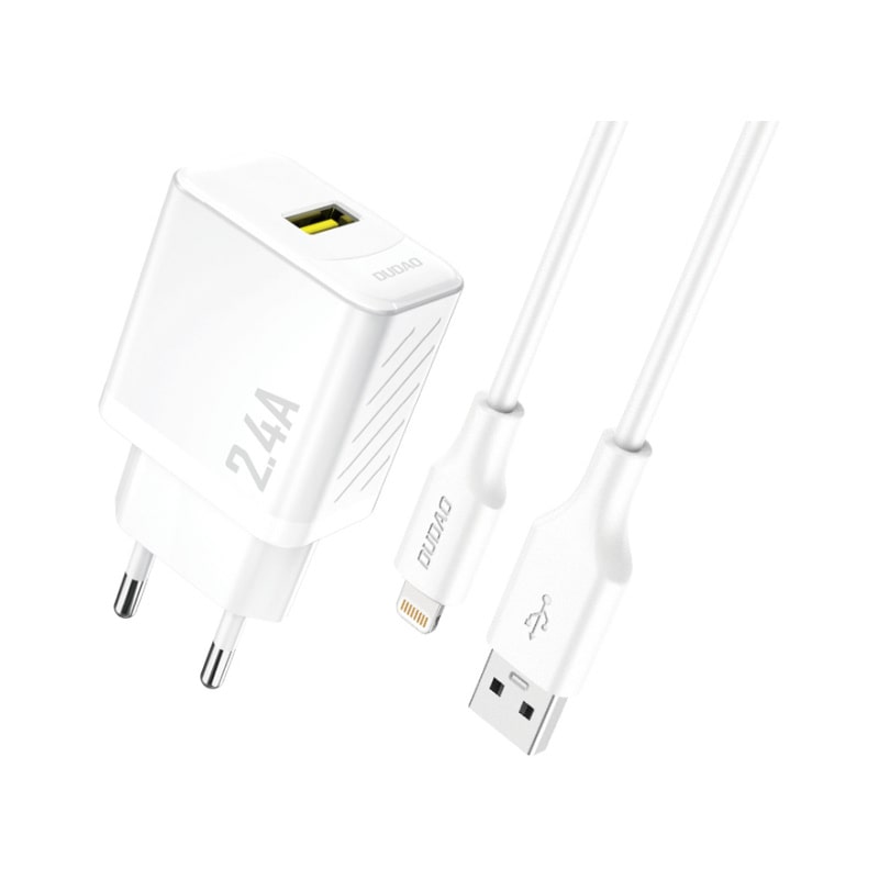 DUDAO A23L GaN 2.4A 12W USB oplader. Inkl. lightning kabel. Hvid DUDAO A23LEU GaN 2.4A USB oplader m lightning kabel i hvid