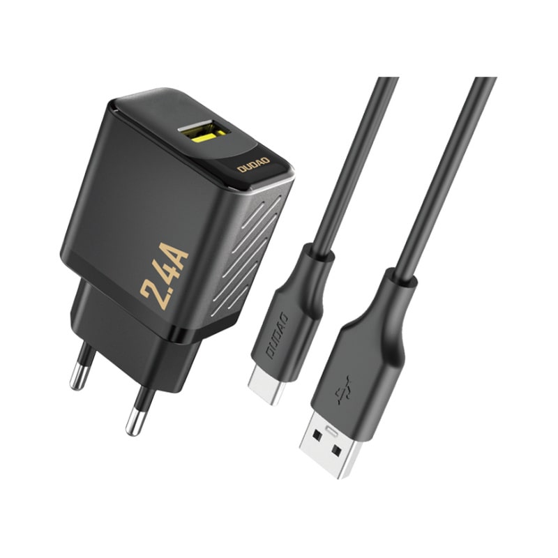 DUDAO A23T GaN 2.4A 12W USB oplader. Inkl. USB-C kabel. Sort DUDAO A23TEU 12W GaN USB-oplader. 2.4A. Inkl USB-C kabel. Sort