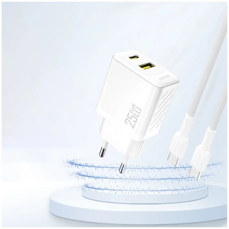 Dudao A26TC GaN 2.4A 25W Dual USB oplader. Inkl. USB-C kabel. Hvid Dudao A26TEU 25W oplader. USB-C & USB-A. Inkl USB-C kabel. Hvid