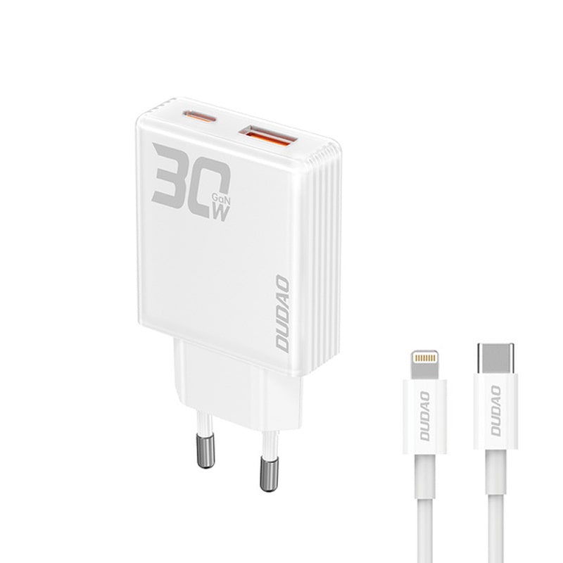 DUDAO A30EU 30W GaN Oplader. Inkl USB til Lightning kabel Kraftig Dudao A30EU GaN Oplader. Inkl USB - Lightning kabel