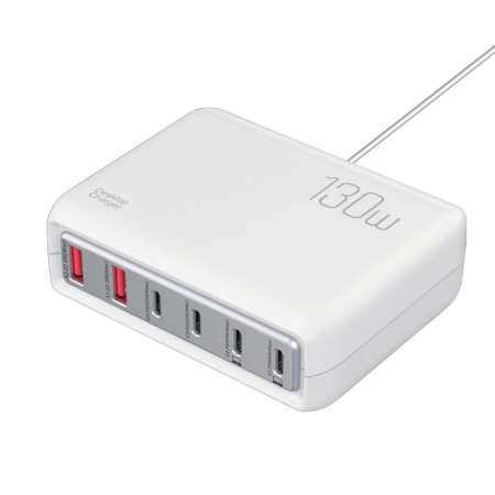 130W PD3.0 GaN Multi-port USB-C/USB-A Hurtig Oplader. Hvid