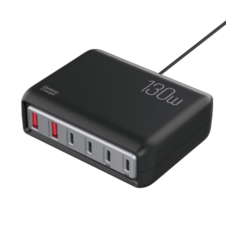130W PD3.0 GaN Multi-port USB-C/USB-A Hurtig Oplader. Sort