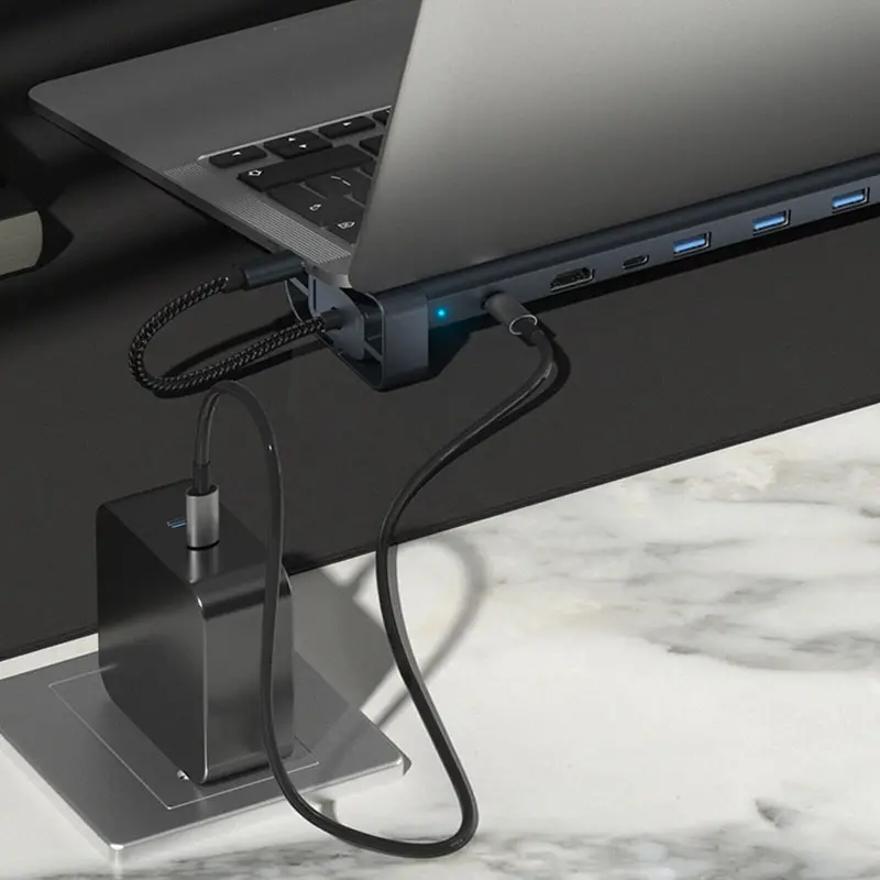 Aluminium 10 i 1 USB-C Hub og stander. USB-C PD 100W, 4K HDMI, 3xUSB 3.0, RJ45. 100W USB Dock. Aluminium 10 i 1 USB-C Hub og stander. USB-C PD 100W, 4K HDMI, 3xUSB 3.0, RJ45. 100W USB Dock. - Billede 10