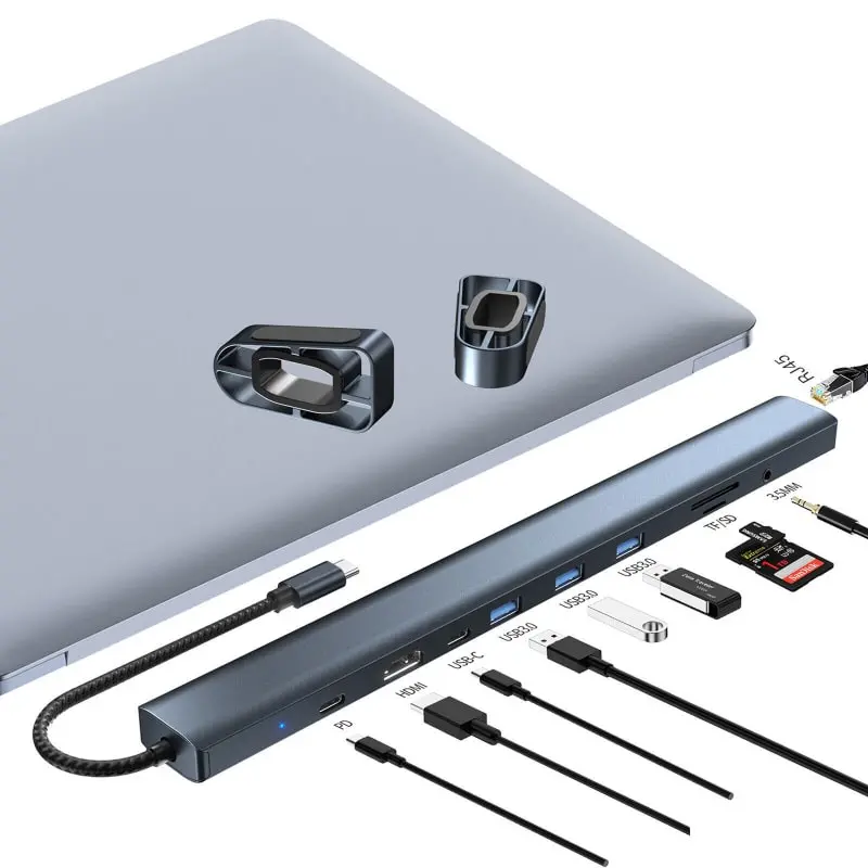 Aluminium 10 i 1 USB-C Hub og stander. USB-C PD 100W, 4K HDMI, 3xUSB 3.0, RJ45. 100W USB Dock. Aluminium 10 i 1 USB-C Hub og stander. USB-C PD 100W, 4K HDMI, 3xUSB 3.0, RJ45. 100W USB Dock. - Billede 2