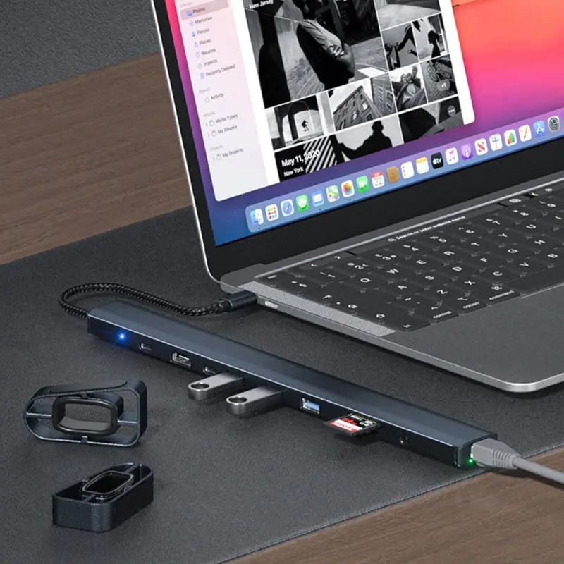 Aluminium 10 i 1 USB-C Hub og stander. USB-C PD 100W, 4K HDMI, 3xUSB 3.0, RJ45. 100W USB Dock. Aluminium 10 i 1 USB-C Hub og stander. USB-C PD 100W, 4K HDMI, 3xUSB 3.0, RJ45. 100W USB Dock. - Billede 8