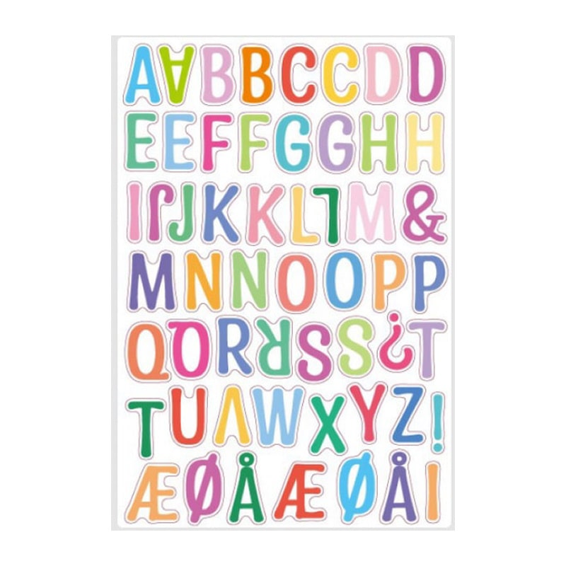 Alfabet wallsticker med farverige bogstaver. Store bogstaver. A til Å. Alfabet wallsticker med farverige bogstaver fra A til Å.