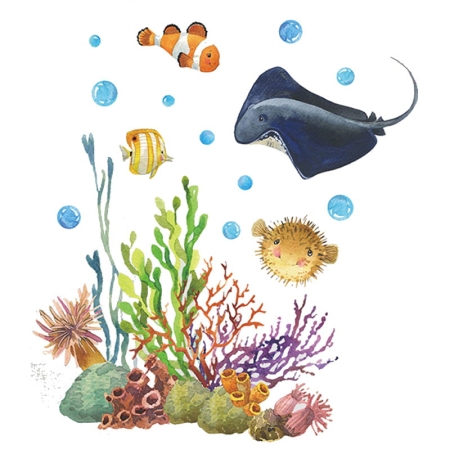 Selvlysende wallsticker med flotte fisk, en rokke, koraller mm - Blå Selvlysende wallsticker med flotte fisk, en rokke, koraller. Blå