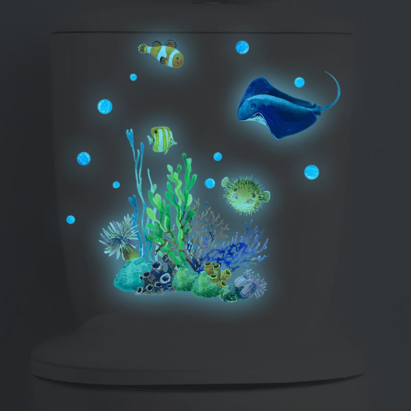 Selvlysende wallsticker med flotte fisk, en rokke, koraller mm - Blå Selvlysende wallsticker med flotte fisk, en rokke, koraller mm - Blå - Billede 2