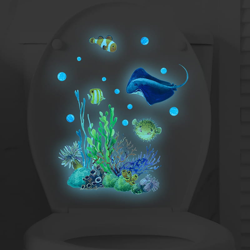 Selvlysende wallsticker med flotte fisk, en rokke, koraller mm - Blå Selvlysende wallsticker med flotte fisk, en rokke, koraller mm - Blå - Billede 4